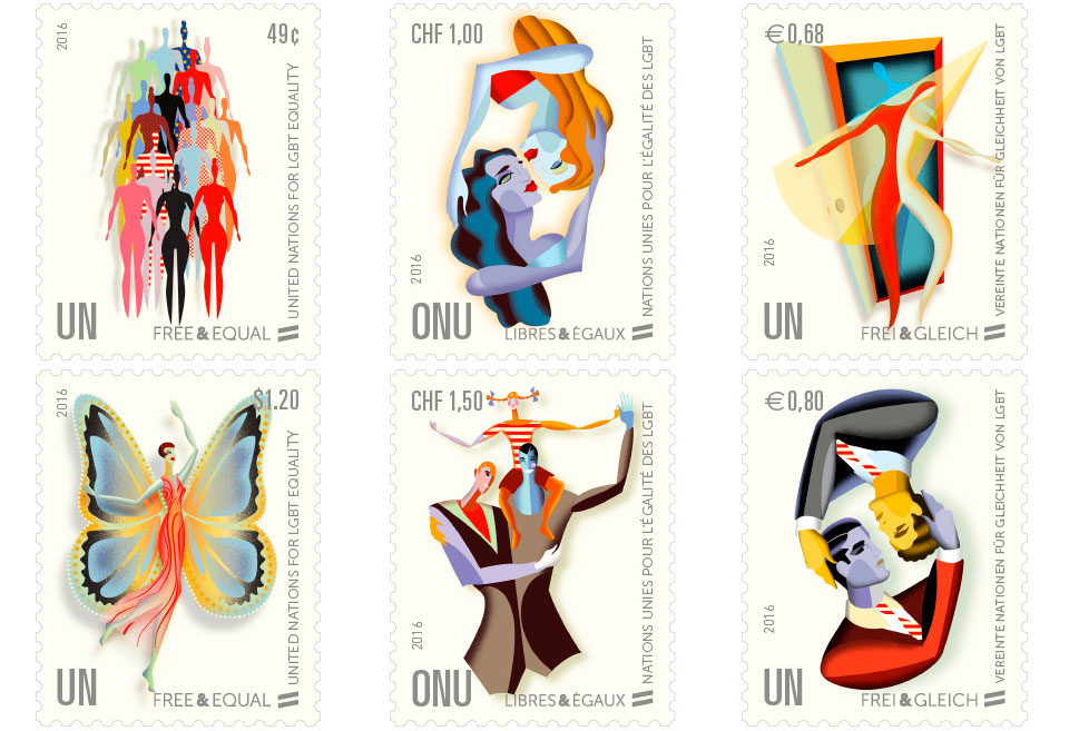United Nations Free and Equal postage stamps promote LGBT equality around the world.