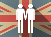 The Decriminalization of Homosexuality in the U.K. An animated British flag with a superimposed image of two stick figure men holding hands.