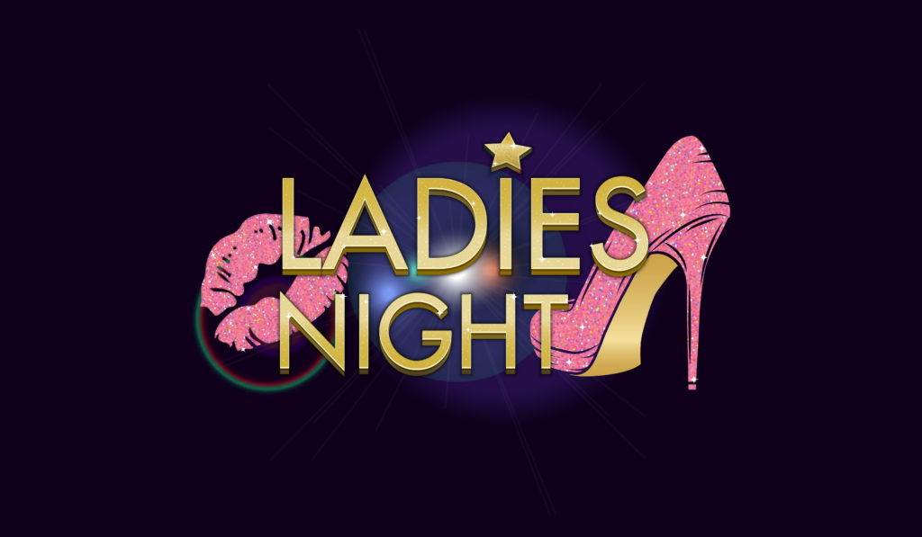 An image of a high-heel shoe and a pair of lips. The image reads, "ladies' night."