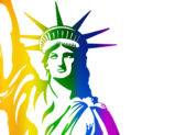 New Survey Reveals Just How Fearful Gay Immigrants Are About Coming Out An illustration of the Statue of Liberty featured in rainbow colors.
