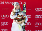 Breaking Up the Boys’ Club: Lindsey Vonn to Race Against Men? A photo of Lindsey Vonn (USA) after taking first place for the women's downhill race at the 2016 Audi FIS Alpine Ski World Cup.