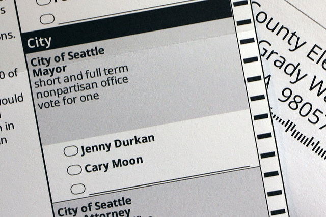 A ballot for Seattle's mayor. The two options listed are Jenny Durkan and Cary Moon.