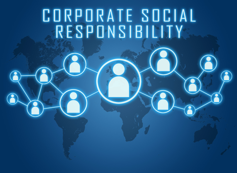A graphic titled "corporate social responsibility" that shows people connecting all over the world.