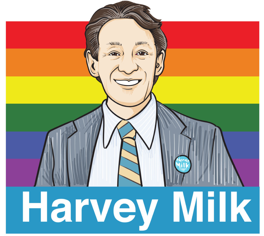 An illustration of civil rights icon Harvey Milk featured against a rainbow flag backdrop.