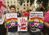 Russian Teen Says He’ll Continue to Protest Russia’s Anti-Gay Laws Activists in London protest Russia's anti-gay laws.