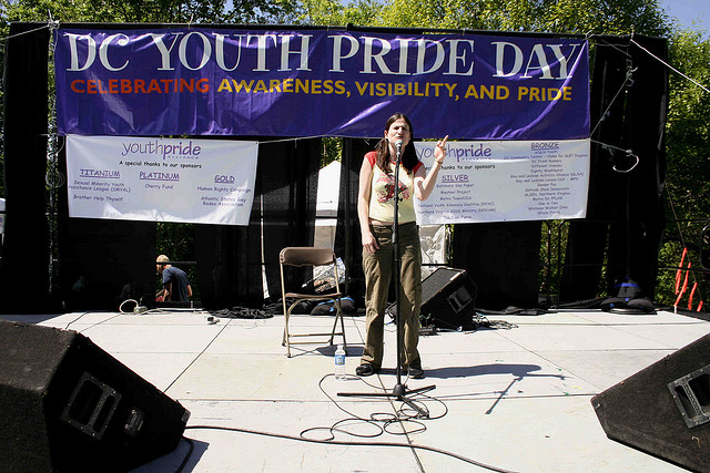 Spoken word poet Joanna Hoffman performs at the 10th Youth Pride Day Festival at Rock Creek Park in Washington DC. A United States government report conversion therapy—efforts to “convert” LGBT youth to heterosexuality—must stop.