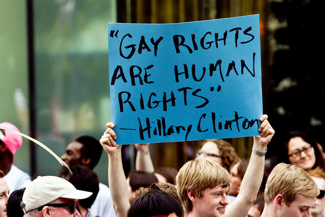 Marchers in the 2011 Washington DC Capitol Pride Parade show their support for Hillary Clinton.