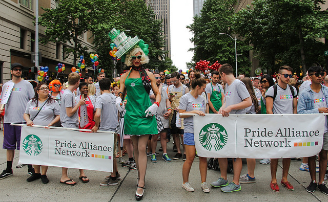 Starbucks workers appear in LGBT Pride parades across the country. Management told homophobic shareholders to sell out and move on.