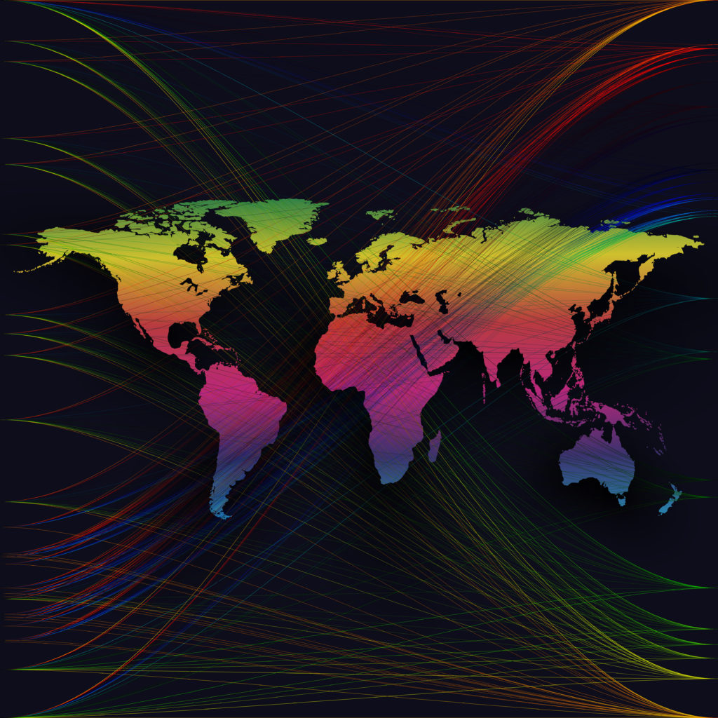 A map of the world decked out in rainbow colors.