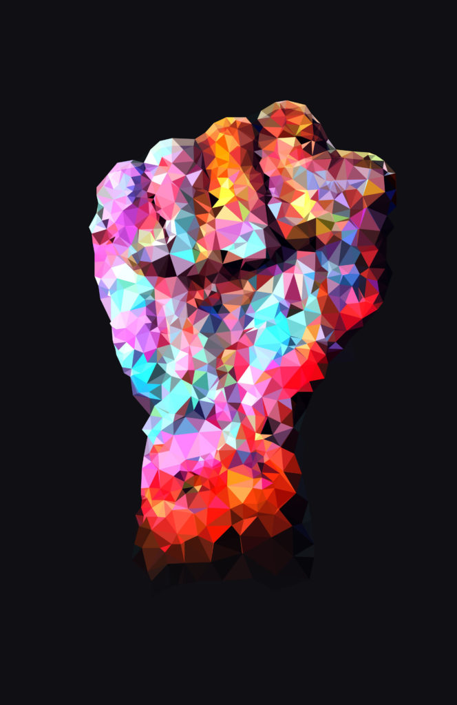 A raised fist, symbolic of the resistance movement, featured in vibrant rainbow colors.
